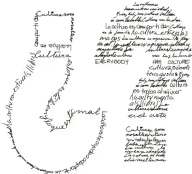 Ejemplos de caligramas: uno con forma de anillo/círculo cuyo contorno está escrito con palabras (cultur, futuro, Corazón) y otro con forma de nota o gota que integra un poema sobre la cultura redactado en varios idiomas, incluido náhuatl.