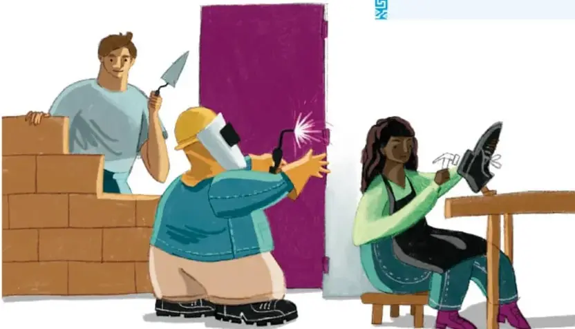Ilustración de tres personas trabajando: un albañil con ladrillos y paleta, un soldador con equipo de protección y una artesana cosiendo en un taller. Crédito: Frida Lorena Solano Martínez, Ciudad de México.