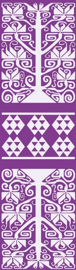 Ilustración decorativa de estilo textil prehispánico en color morado con patrones geométricos simétricos, que alude a la simetría y a la artesanía tradicional mexicana.