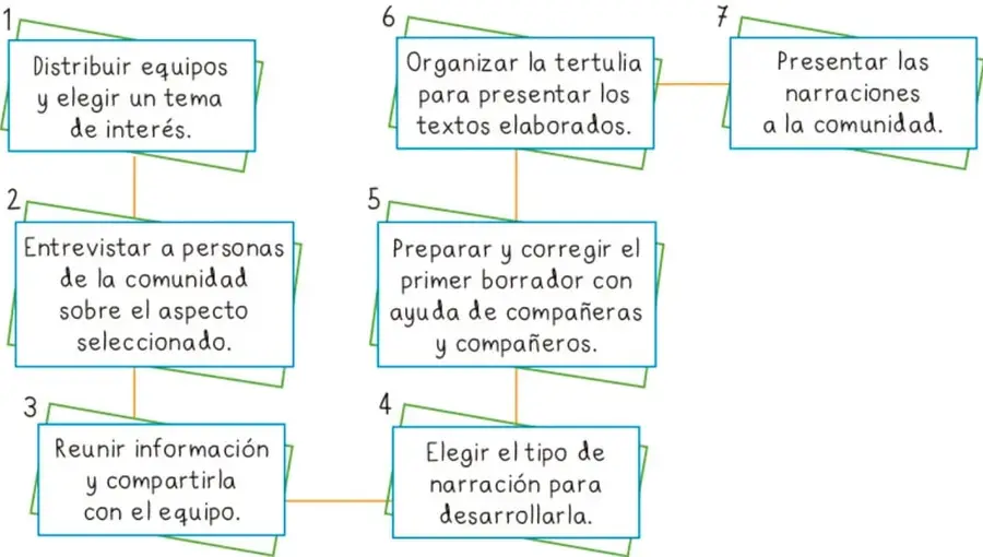 Esquema de siete pasos en cuadros con flechas que indican la secuencia del proyecto comunitario.