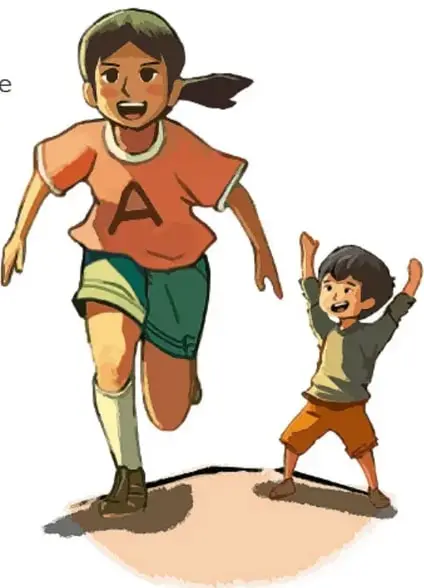 Ilustración de una niña con playera naranja y short verde corriendo, y un niño con los brazos levantados celebrando.