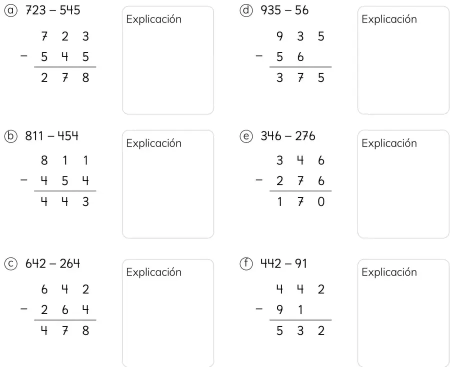 Cuatro cuadrículas vacías para resolver las restas del ejercicio 1.