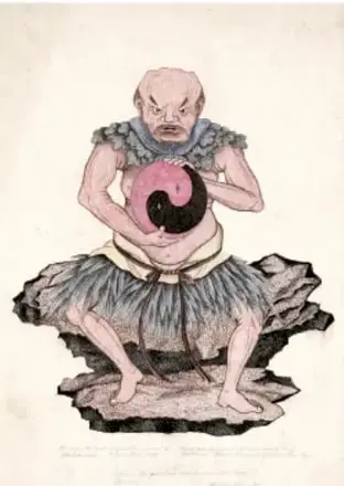 Ilustración de Pangu, el gigante de la mitología china: figura humana con rasgos ancianos, de pie sobre una roca, sosteniendo con ambas manos un orbe con el símbolo del Yin y el Yang, símbolo del cosmos que custodia.