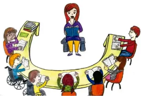 Ilustración de un salón de clases con forma de U: una maestra leyendo y estudiantes, uno de ellos en silla de ruedas, participando. Crédito: Nina Guzmán García, Estado de México.