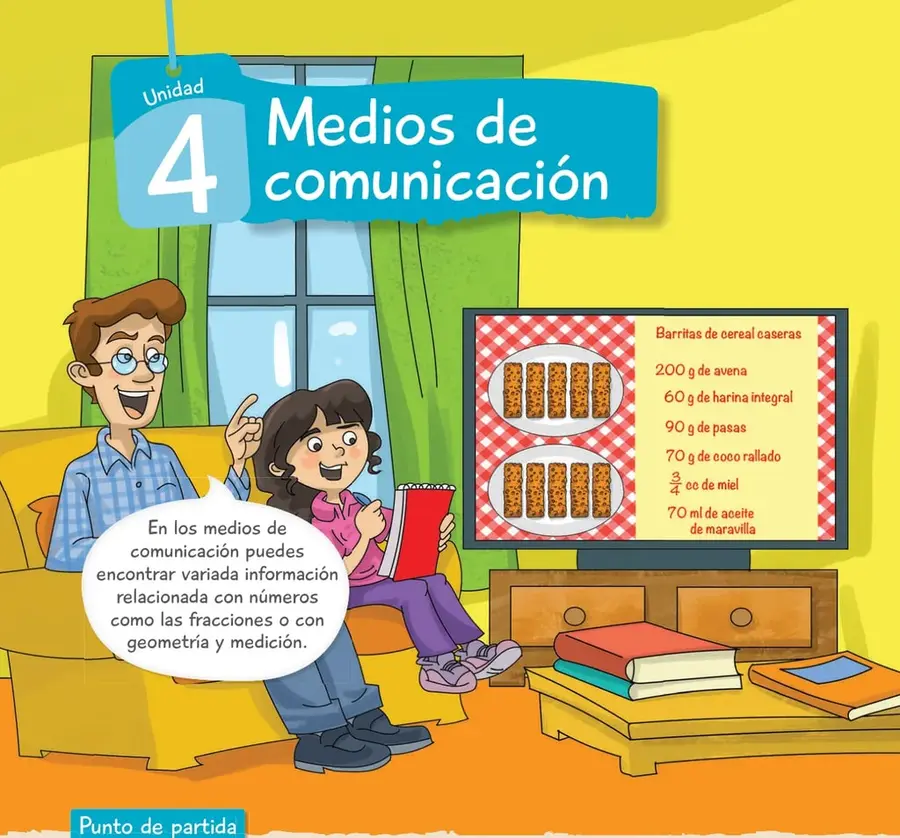 Televisor encendido que muestra un programa de cocina con la receta 'Barritas de cereal caseras' y sus ingredientes con cantidades en g, cc y ml.