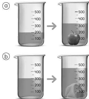 Dos probetas: la primera con agua hasta 200 unidades y la segunda con una manzana sumergida y agua hasta 300 unidades.