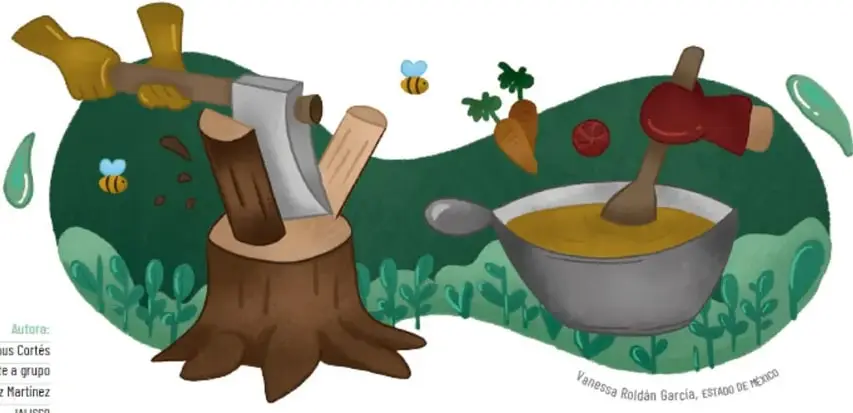 Escena ilustrada de una huerta con un hacha clavada en un tronco, una olla cocinando, verduras, abejas y plantas, representando las tareas compartidas de Petra y Mario.