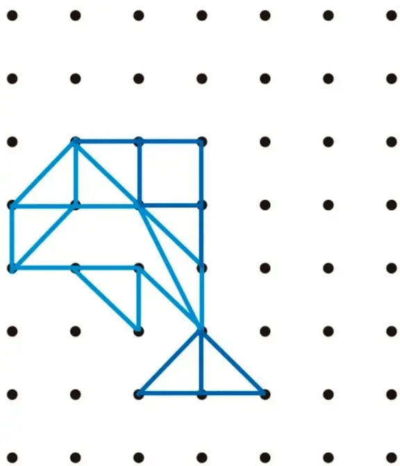 Retícula de puntos (geoplano) con una figura trazada en segmentos azules que combina triángulos y un cuadrilátero en perspectiva de un cubo en la parte superior, y un triángulo suelto en la parte inferior.