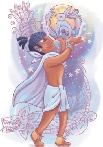 Ilustración de un personaje indígena sosteniendo un objeto circular con diseños, con fondo de estrellas y figuras.