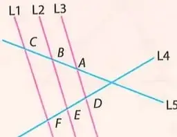 Tres rectas paralelas cortadas por dos transversales, con puntos A, B, C, D, E y F.