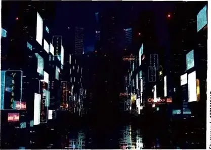 Calle urbana nocturna con edificios, pantallas y numerosos letreros luminosos.