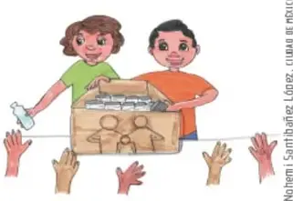 Dos niños entregando una caja de ayuda a manos que la reciben (ilustración de solidaridad).