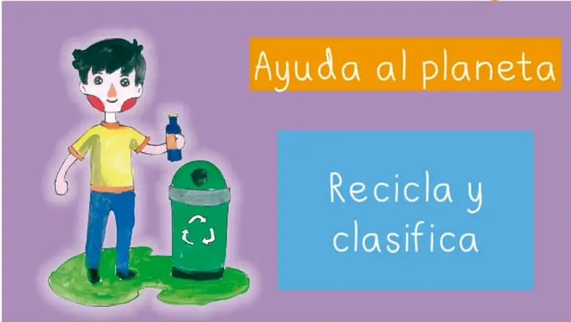 Ilustración de un niño depositando una botella en un bote de reciclaje verde. A la derecha, un cartel con las frases 'Ayuda al planeta' y 'Recicla y clasifica'.
