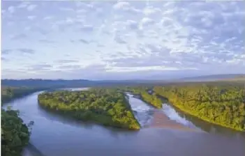 Vista aérea de la cuenca del Amazonas, con un río ancho que atraviesa la selva tropical.