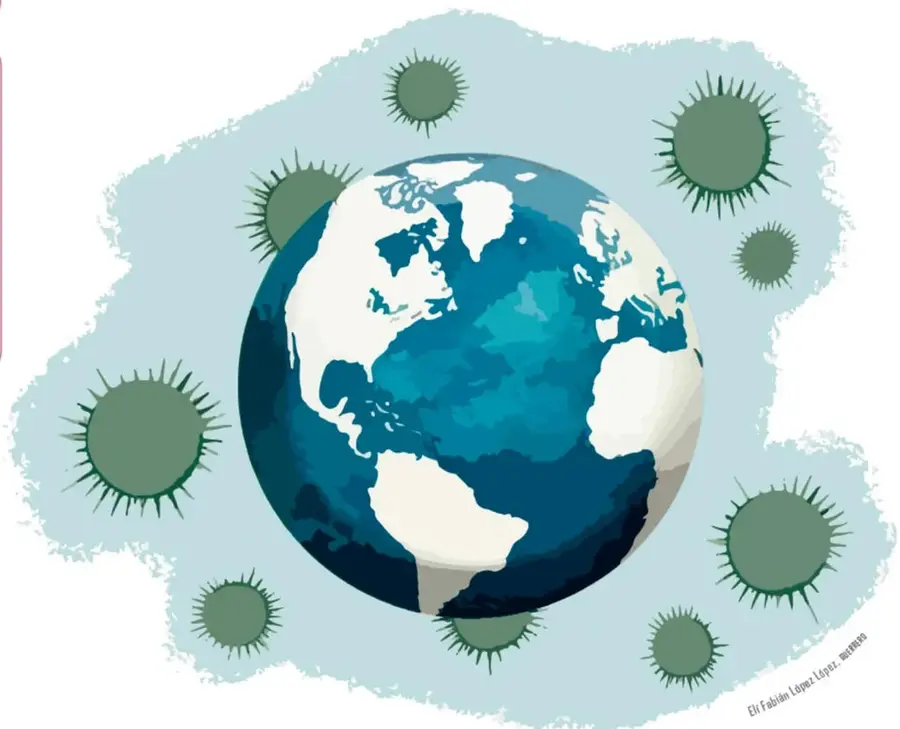 Ilustración del planeta Tierra visto desde el espacio con América al centro, rodeado de partículas verdes con púas que representan al virus de la pandemia sobre un fondo azul claro.