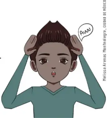 Ilustración de un estudiante con las manos en la cabeza pronunciando "Auuu", imitando el movimiento de un animal (crédito: Melissa Arenas Montallegre, Ciudad de México).