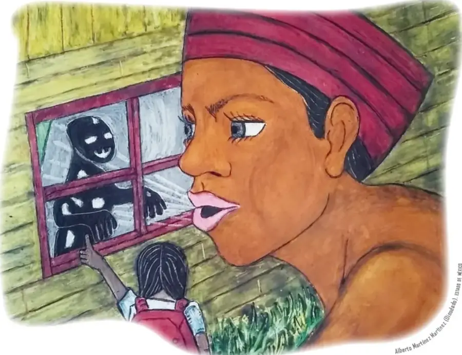 Ilustración: la uema gigante de piel morena y tocado rojo, de perfil, mira por la ventana de una casa de madera donde se asoma la sombra negra sonriente con manos largas; en el exterior, Xareni (con mochila roja) apunta hacia la ventana. Firma: Alberto Martínez Martínez (Dizedded), Estado de México.