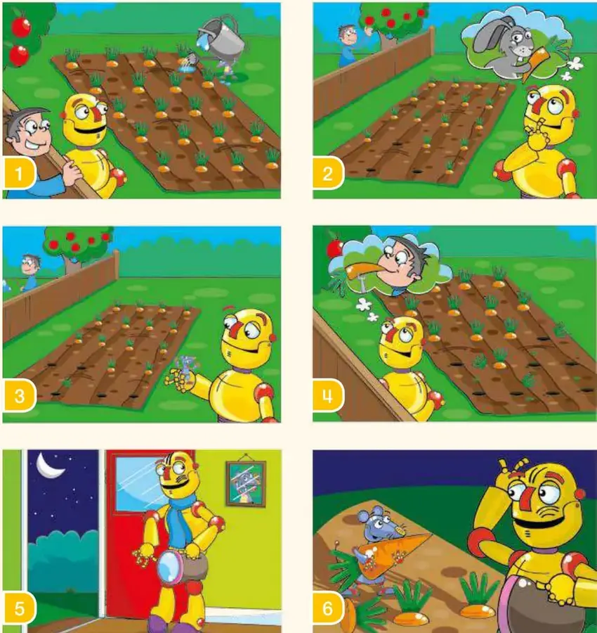 Beep frente a la huerta, imagina un conejo comiendo una zanahoria.