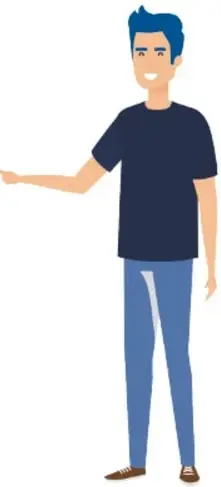 Ilustración de un hombre joven de cabello azul con camiseta azul y pantalón de mezclilla, señalando con el brazo izquierdo hacia la tabla de caracteres sexuales secundarios.