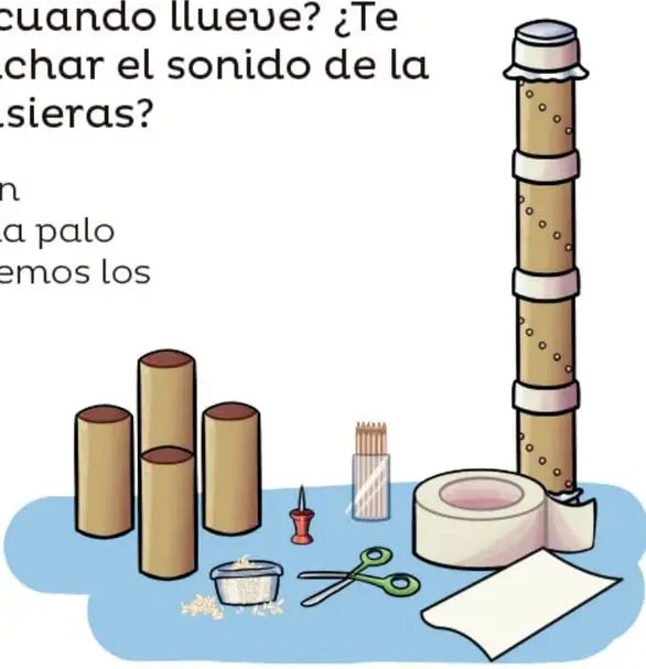 Ilustración del palo de lluvia terminado: tubo largo y delgado con anillos de cinta, pequeños agujeros y tapas en los extremos.