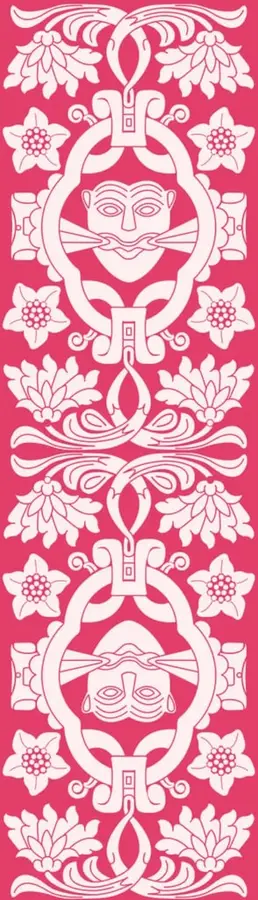 Ilustración decorativa en blanco sobre fondo rosa con motivos florales y dos rostros prehispánicos enmarcados en óvalos, estilo arte popular mexicano.