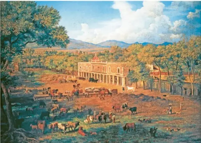 Pintura colonial que muestra una hacienda o asentamiento de la Nueva España con casas, ganado, árboles, personas y montañas al fondo, ilustrando el paisaje y la vida económica y social del periodo.