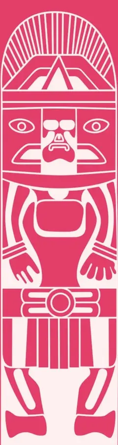 Ilustración estilizada de una figura prehispánica o totémica en color rosa, con rostro, brazos y piernas, sobre fondo rosa.