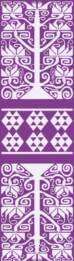 Patrón geométrico blanco sobre fondo morado con motivos simétricos de inspiración textil tradicional.