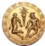 Anverso de una medalla de oro de los Juegos XIX Olimpiadas México 68, con motivos de jugadores de pelota (diámetro 40 mm).