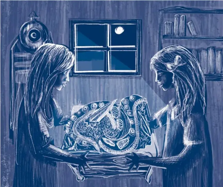 Ilustración en tonos azules: dos niñas de cabello largo sostienen una caja de la que emerge una criatura; al fondo, una ventana con luna llena y un librero. Crédito: Nidia Alejandra Hernández Hernández, Ciudad de México.