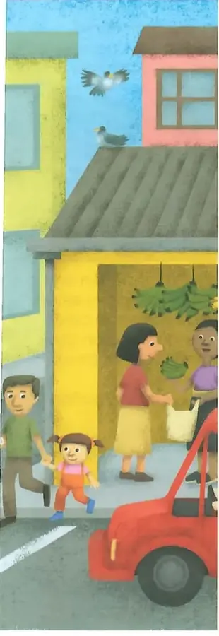Ilustración de una calle con casas, personas, aves y un vehículo; muestra una escena de la vida cotidiana de una localidad.