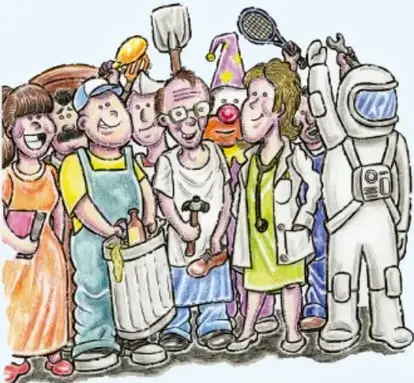 Grupo diverso de personas alegres y organizadoras (con espátulas, raquetas, incluido un astronauta y un payaso), representando a quienes generan redes de apoyo en la comunidad.