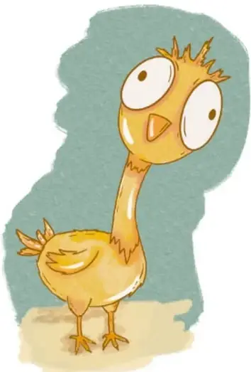 Ilustración de un pollito amarillo con plumas erizadas en la cabeza y ojos grandes.