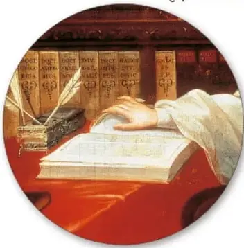 Ilustración de Sor Juana Inés de la Cruz escribiendo en un libro, rodeada de libros y con una pluma en la mano.