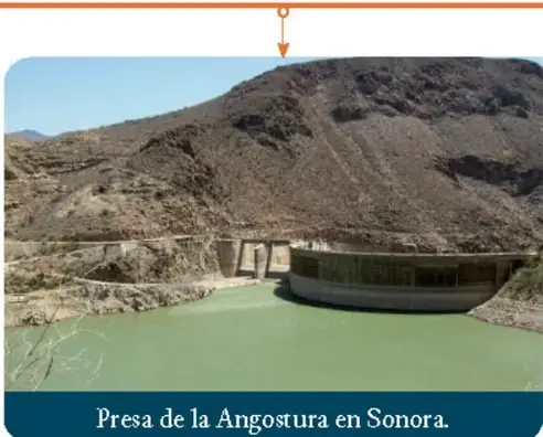 Fotografía de la Presa de la Angostura en Sonora, ejemplo de obra de infraestructura e irrigación.