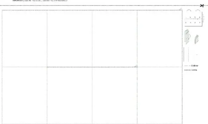Reverso de la plantilla: paneles en blanco para personalizar, piezas pequeñas recortables en el borde derecho y leyenda de líneas (doblez/corte).