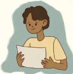 Ilustración de un estudiante con camiseta amarilla sosteniendo una hoja de papel, junto al crédito 'Gimenna Schiaffini Rosales, PUEBLA'.