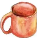 Taza de barro rústica ilustrada a mano, tonos naranjas y terracota.