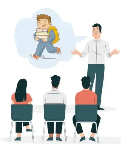 Ilustración de una junta de trabajo: un director de pie habla frente a tres docentes sentados de espaldas; en una nube de pensamiento se ve a un alumno pequeño corriendo con una pila de libros y cuadernos en los brazos.
