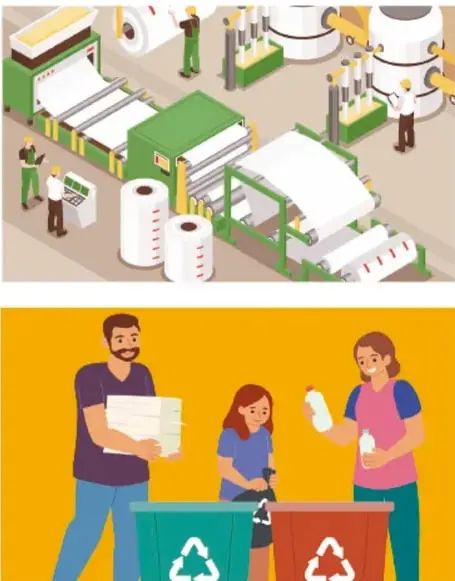 Ilustración isométrica de una planta industrial de producción de papel con rollos de papel, maquinaria y trabajadores.