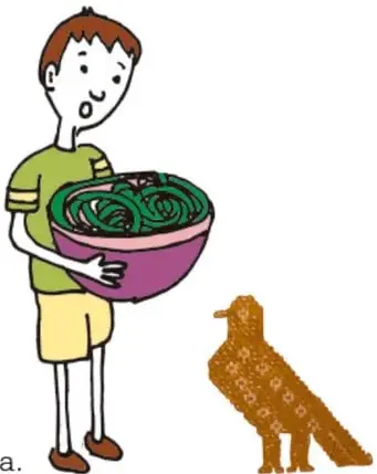 Ilustración de un niño sosteniendo un tazón con bordado verde, junto a una vasija con forma de ave. Al pie: 'Rutila Vega Rubio, TLAxCALA'.