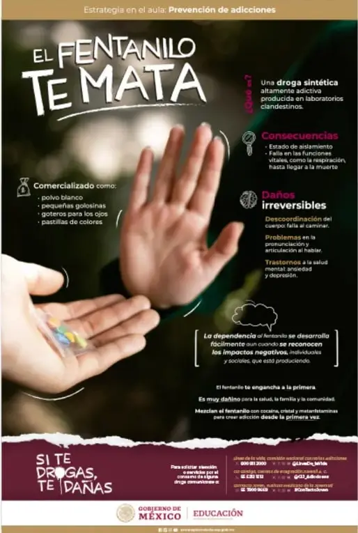 Cartel 'El fentanilo te mata' con imagen de una mano rechazando pastillas de colores; lista qué es, consecuencias y daños irreversibles.