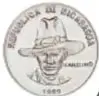 Anverso de una moneda de un Córdoba de Nicaragua en un recuadro con ficha numismática.