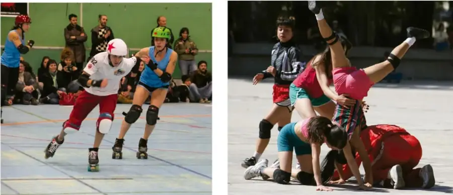 Jóvenes practicando patinaje sobre ruedas (roller derby) en una cancha techada, con cascos y protecciones, participando activamente.
