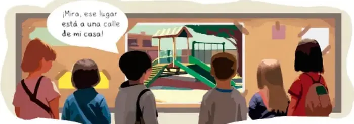 Ilustración de estudiantes observando un lugar con un globo de diálogo que dice '¡Mira, ese lugar está a una calle de mi casa!'.
