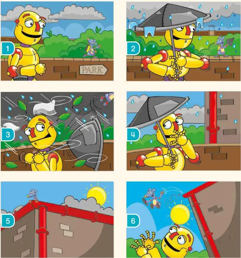 Escena 2: Beep con paraguas bajo la lluvia.