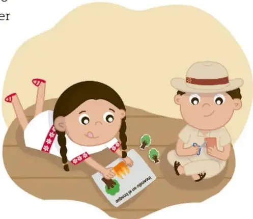 Ilustración de una niña y un niño sentados en el suelo; la niña muestra un dibujo con la frase '¡Bienvenidos a mi comunidad!' y el niño sostiene una libreta. Crédito: María José Salas González, Jalisco.