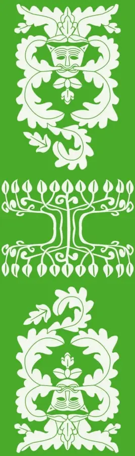 Franja verde con tres ornamentos blancos de estilo folclórico: un mascarón vegetal arriba, un árbol estilizado con raíces en el centro y otro mascarón floral invertido abajo.