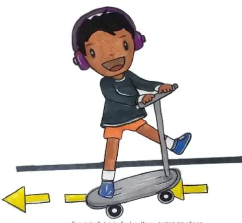 Ilustración de un niño con audífonos montando en scooter, de Graciela Patricia Frutos Maza, Ciudad de México.
