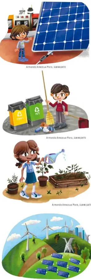 Ilustración de un niño barriendo junto a contenedores de reciclaje de papel y PET (Armando Amezcua Mora, Guanajuato).